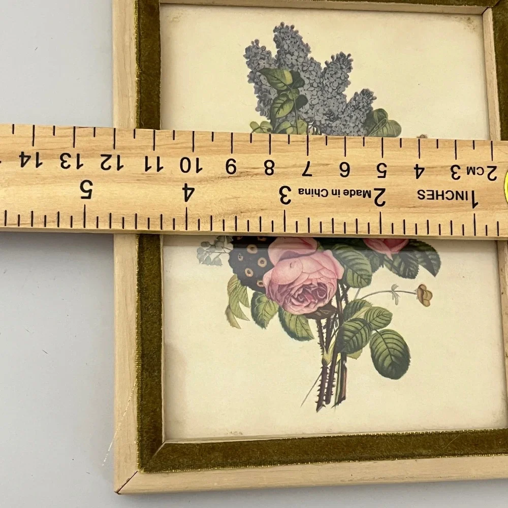Vintage Botanical Floral Print Wall Art Mini Pink Green Velvet Wood Frame Rose